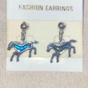 Silver Tone and Blue Abalone Horse Earrings